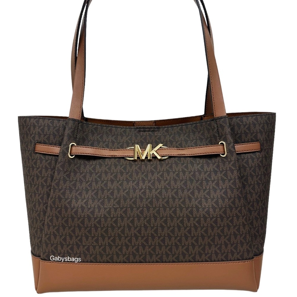 Michael Kors Reed Large Belted Logo Shoulder Bag Tote Purse Brown MK Signature - Picture 4 of 7